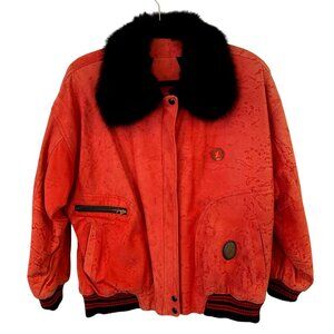 Guy Laroche Vintage Red Suede Bomber Jacket Black Fur Collar Embroidered Logos